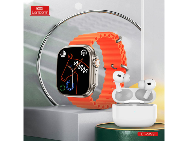 Earldom SW9 Akıllı Saat ve Airpods Kulaklık Set - Turuncu