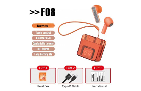 Karler Bass F08 Dijital Şarj Göstergeli TWS Bluetooth Kulaklık - Kırmızı