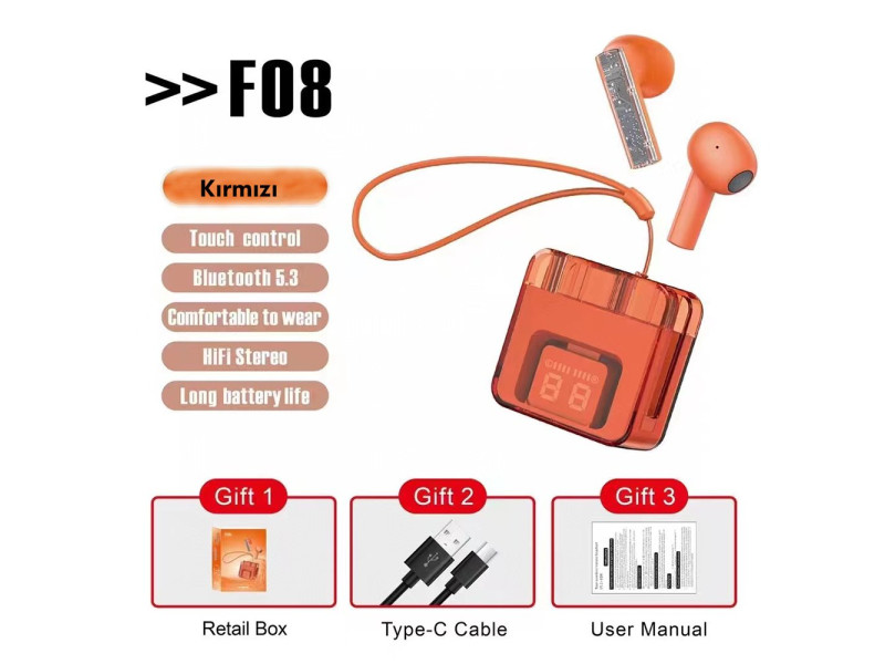 Karler Bass F08 Dijital Şarj Göstergeli TWS Bluetooth Kulaklık - Kırmızı