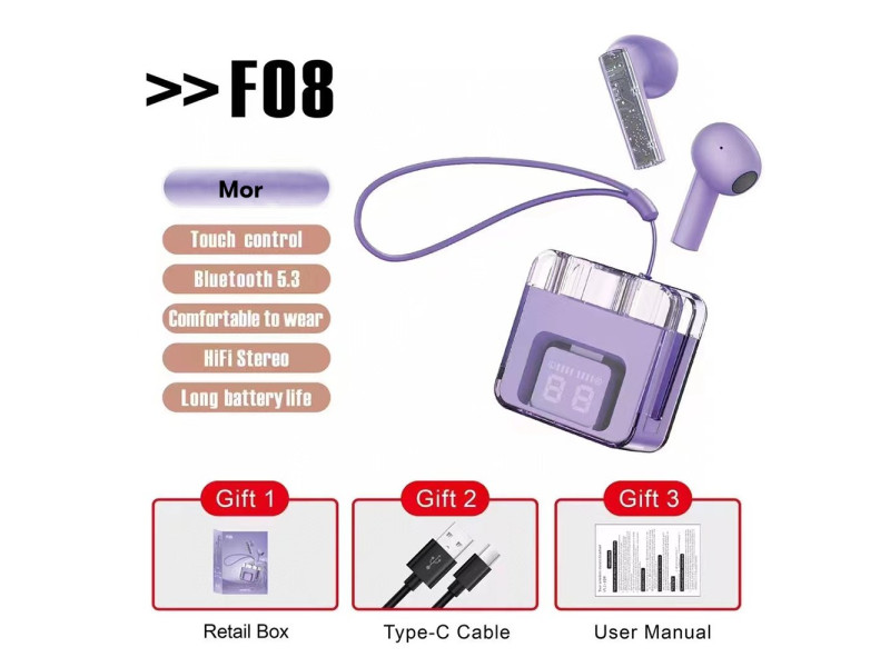 Karler Bass F08 Dijital Şarj Göstergeli TWS Bluetooth Kulaklık - Mor