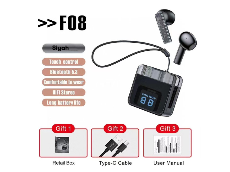 Karler Bass F08 Dijital Şarj Göstergeli TWS Bluetooth Kulaklık - Siyah