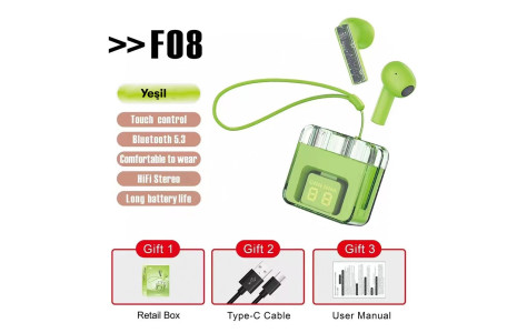 Karler Bass F08 Dijital Şarj Göstergeli TWS Bluetooth Kulaklık - Yeşil