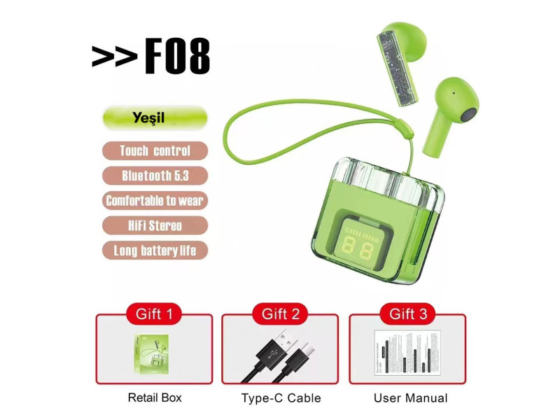 Karler Bass F08 Dijital Şarj Göstergeli TWS Bluetooth Kulaklık - Yeşil