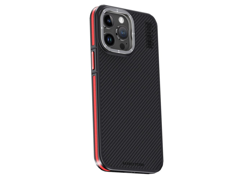Joko iPhone 15 Pro Max Kılıf Aramid 600D Kevlar Karbon Fiber Magsafe Kapak - Kırmızı