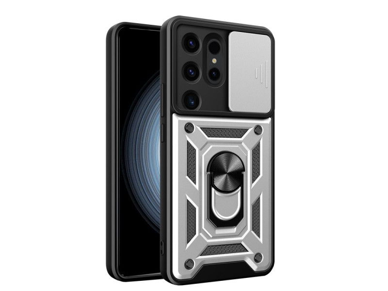Newface Samsung Galaxy S24 Ultra Kılıf Pars Lens Yüzüklü Silikon - Gümüş
