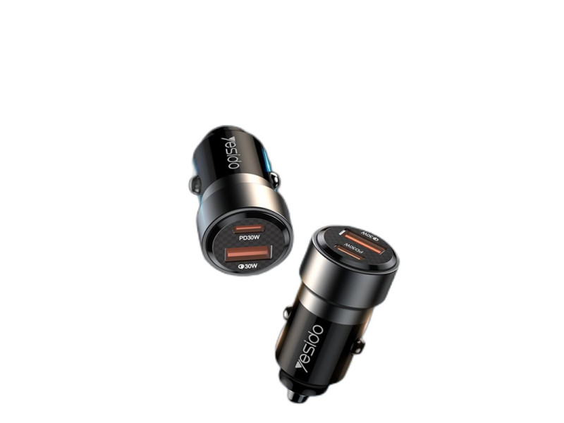 Yesido Y54 1 Adet 30W Usb / 1 Adet 30W Type-C ve 20W Type-C to Lightning Kablolu PD Hızlı Araç Şarj - Siyah