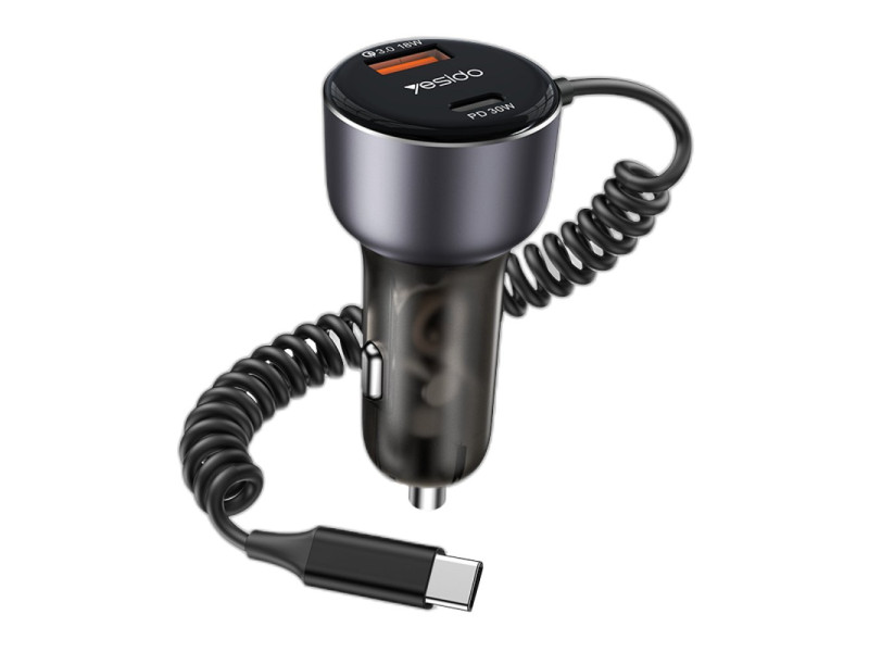 Yesido Y56 1 Adet 18W Usb / 1 Adet 30W Type-C ve 30W Dahili Type-C Kablolu PD Hızlı Araç Şarj - Siyah