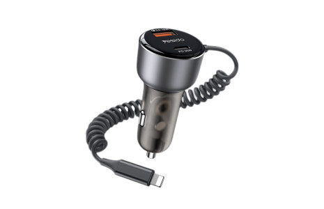 Yesido Y57 1 Adet 18W Usb / 1 Adet 30W Type-C ve 20W Dahili Lightning Kablolu PD Hızlı Araç Şarj - Siyah
