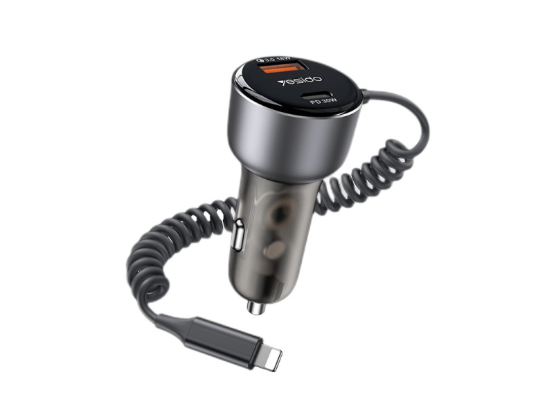 Yesido Y57 1 Adet 18W Usb / 1 Adet 30W Type-C ve 20W Dahili Lightning Kablolu PD Hızlı Araç Şarj - Siyah