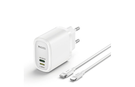 Yesido YC44 20W Type-C / 20W Lightning Çıkışlı ve 1M 27W Type-C to Lightning Kablolu PD Şarj Cihazı - Beyaz