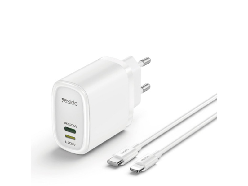 Yesido YC44 20W Type-C / 20W Lightning Çıkışlı ve 1M 27W Type-C to Lightning Kablolu PD Şarj Cihazı - Beyaz