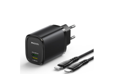 Yesido YC44 20W Type-C / 20W Lightning Çıkışlı ve 1M 27W Type-C to Lightning Kablolu PD Şarj Cihazı - Siyah