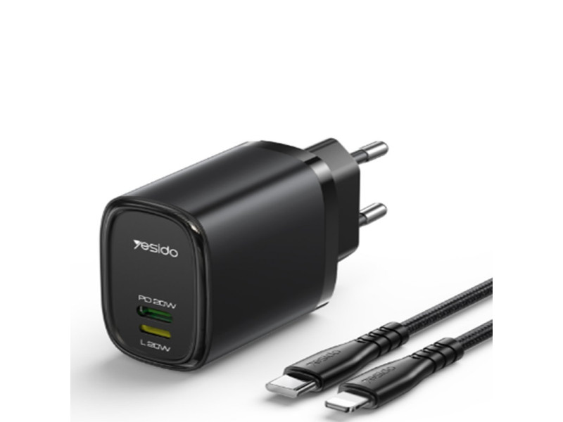 Yesido YC44 20W Type-C / 20W Lightning Çıkışlı ve 1M 27W Type-C to Lightning Kablolu PD Şarj Cihazı - Siyah