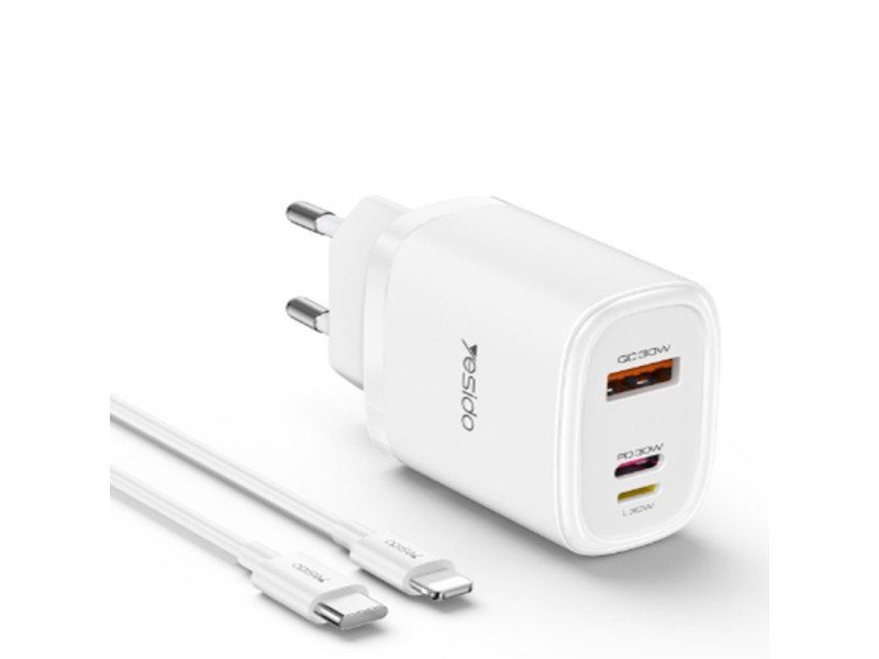 Yesido YC52 1 Adet 30W Type-C 1 Adet 30W Lightning 1 Adet 30W Usb Çıkışlı ve 1M 27W Type-C to Lightning Kablolu PD Şarj Cihazı - Beyaz