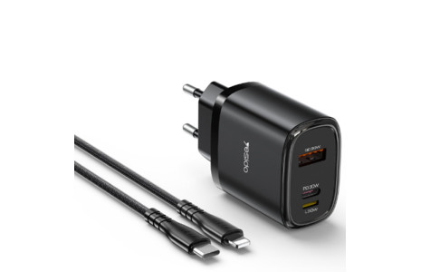 Yesido YC52 1 Adet 30W Type-C 1 Adet 30W Lightning 1 Adet 30W Usb Çıkışlı ve 1M 27W Type-C to Lightning Kablolu PD Şarj Cihazı - Siyah
