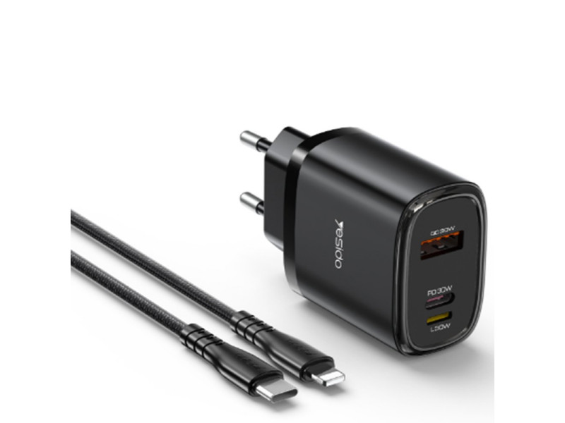 Yesido YC52 1 Adet 30W Type-C 1 Adet 30W Lightning 1 Adet 30W Usb Çıkışlı ve 1M 27W Type-C to Lightning Kablolu PD Şarj Cihazı - Siyah