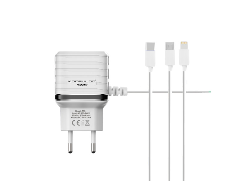Konfulon C33 Hızlı Şarj Cihazı 3in1 (Dahili Lightning Kablo iphone Uyumlulu)