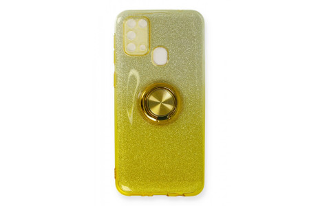 Newface Samsung Galaxy M31 Kılıf Simli Yüzüklü Silikon - Sarı