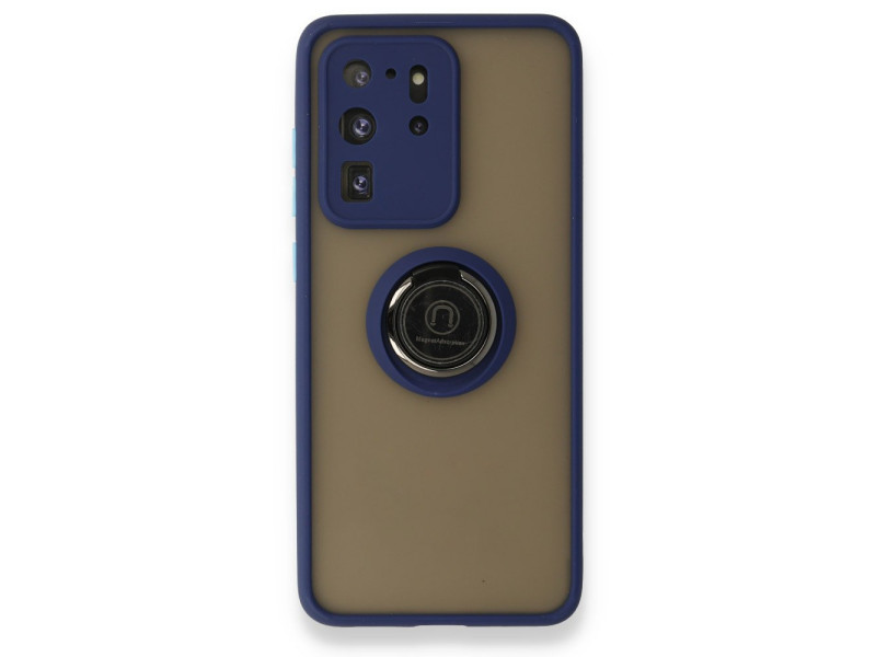 Newface Samsung Galaxy S20 Ultra Kılıf Montreal Yüzüklü Silikon Kapak - Lacivert