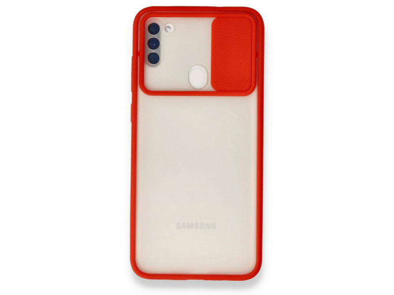 Newface Samsung Galaxy M11 Kılıf Palm Buzlu Kamera Sürgülü Silikon - Kırmızı