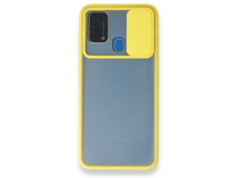 Newface Samsung Galaxy M31 Kılıf Palm Buzlu Kamera Sürgülü Silikon - Sarı