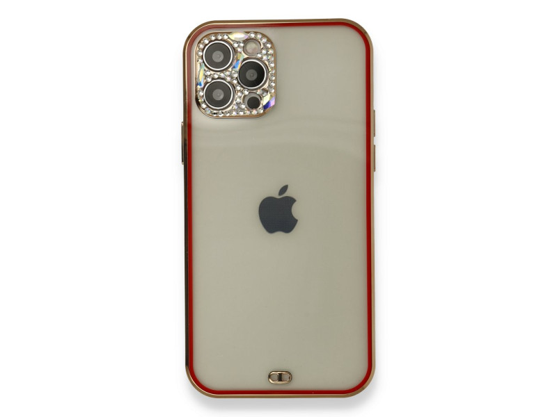 Newface iPhone 12 Pro Kılıf Liva Taşlı Silikon - Kırmızı