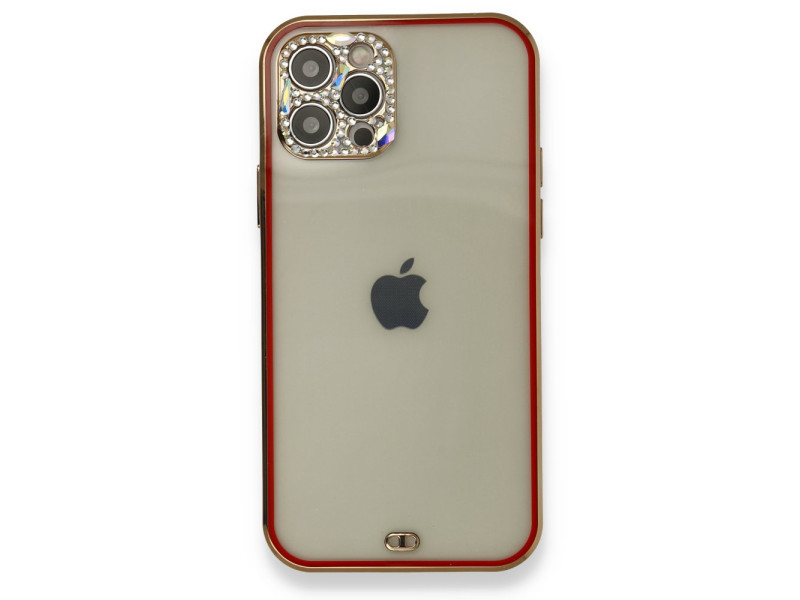 Newface iPhone 12 Pro Max Kılıf Liva Taşlı Silikon - Kırmızı