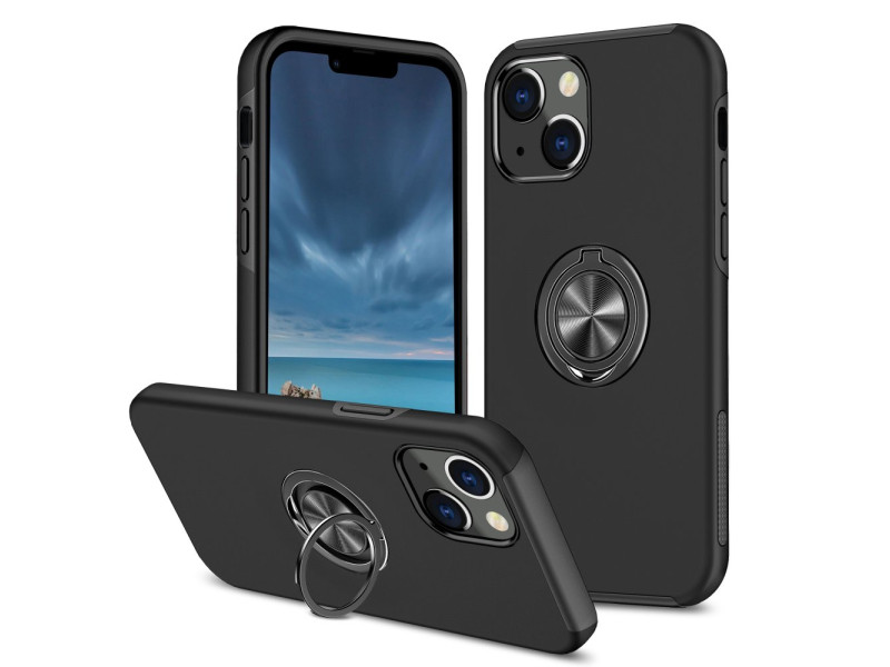Newface iPhone 13 Kılıf Elit Yüzüklü Kapak - Siyah