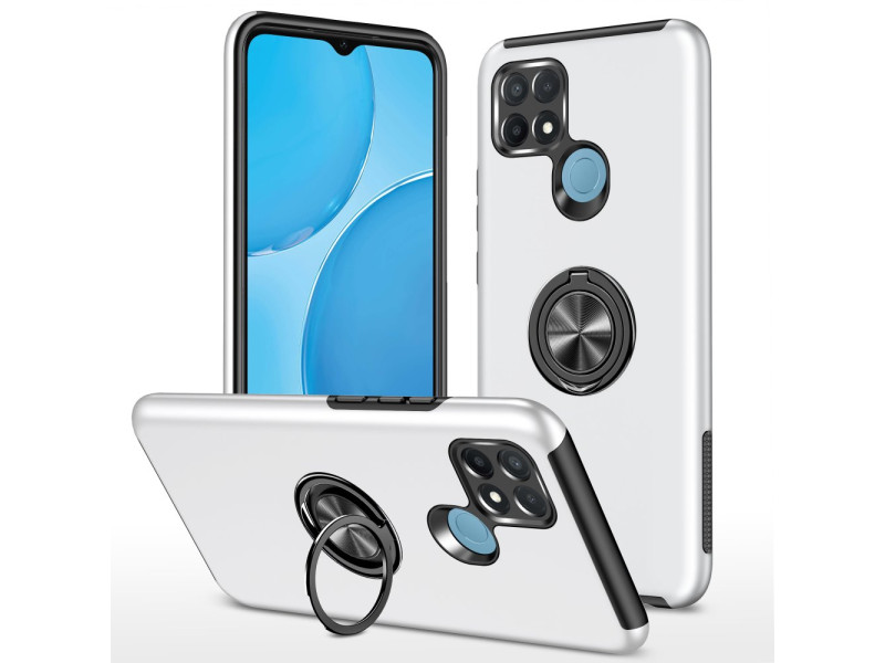 Newface Oppo A15S Kılıf Elit Yüzüklü Kapak - Gümüş
