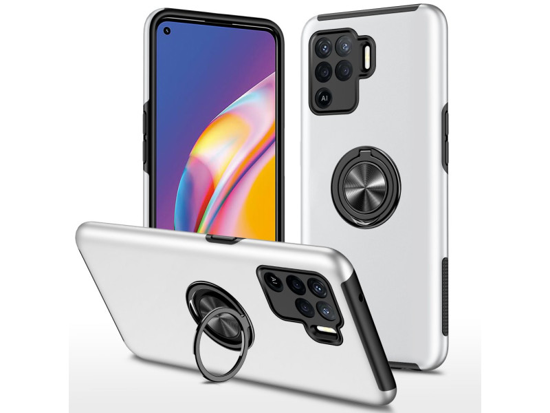 Newface Oppo Reno 5 Lite Kılıf Elit Yüzüklü Kapak - Gümüş