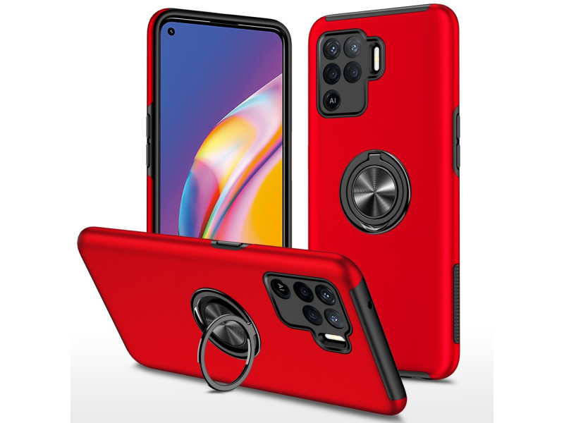 Newface Oppo Reno 5 Lite Kılıf Elit Yüzüklü Kapak - Kırmızı
