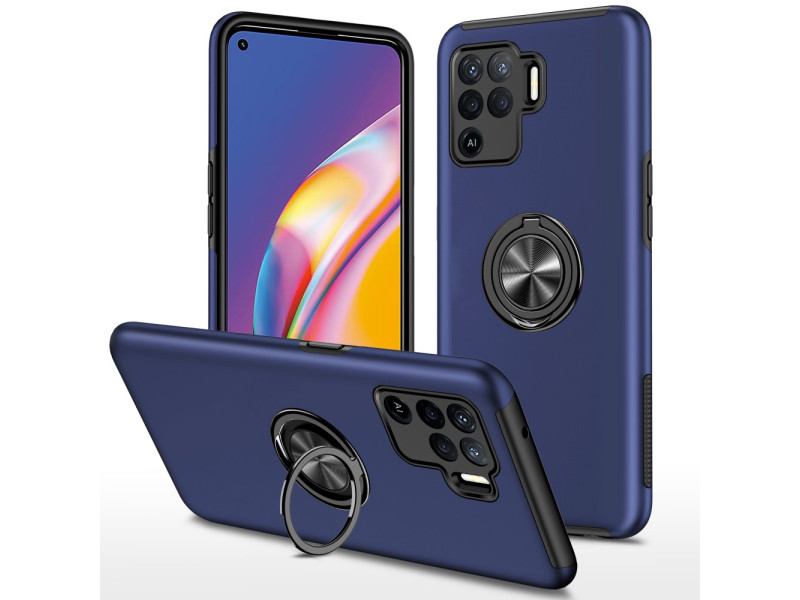 Newface Oppo Reno 5 Lite Kılıf Elit Yüzüklü Kapak - Lacivert