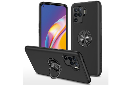 Newface Oppo Reno 5 Lite Kılıf Elit Yüzüklü Kapak - Siyah