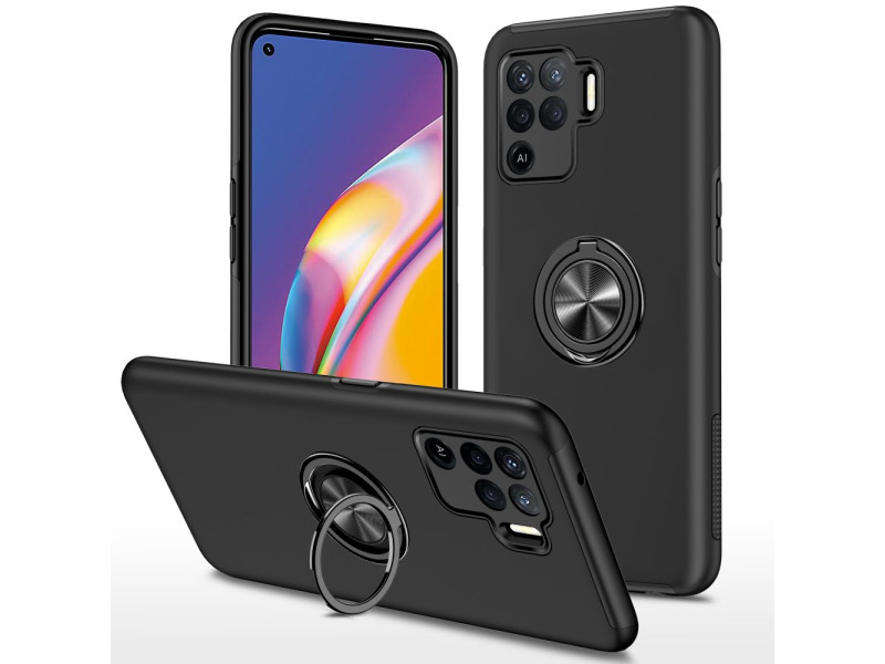 Newface Oppo Reno 5 Lite Kılıf Elit Yüzüklü Kapak - Siyah