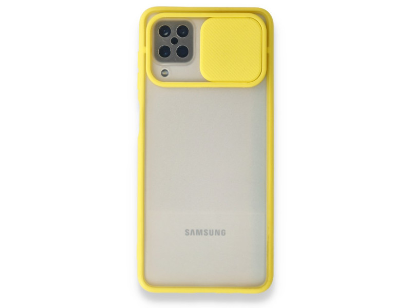 Newface Samsung Galaxy M12 Kılıf Palm Buzlu Kamera Sürgülü Silikon - Sarı