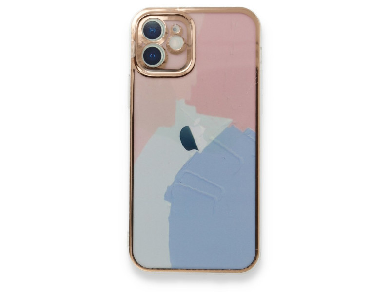 Newface iPhone 12 Kılıf Çiçekli Silikon - Pembe-Mavi