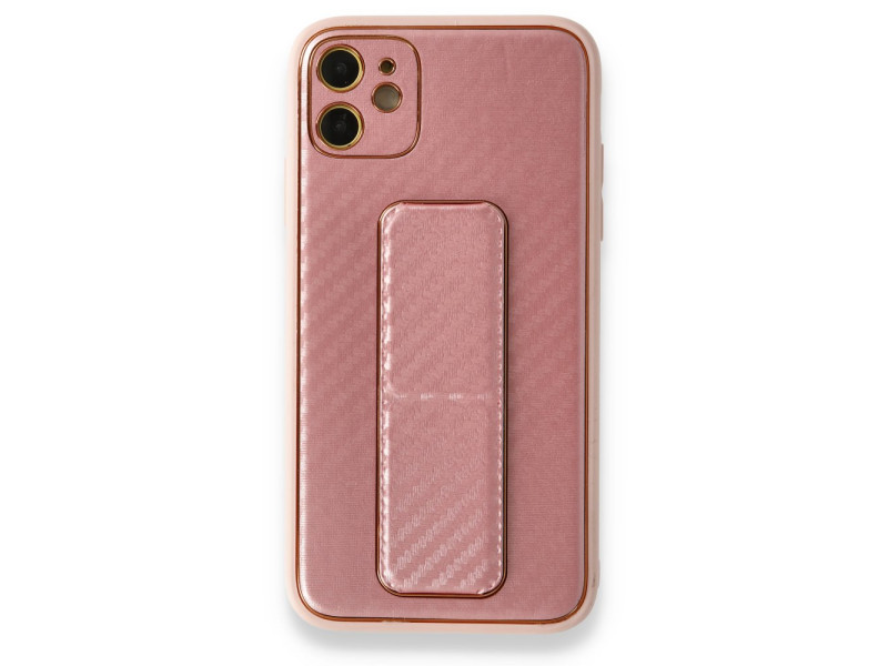 Newface iPhone 12 Kılıf Coco Karbon Standlı Kapak - Pembe