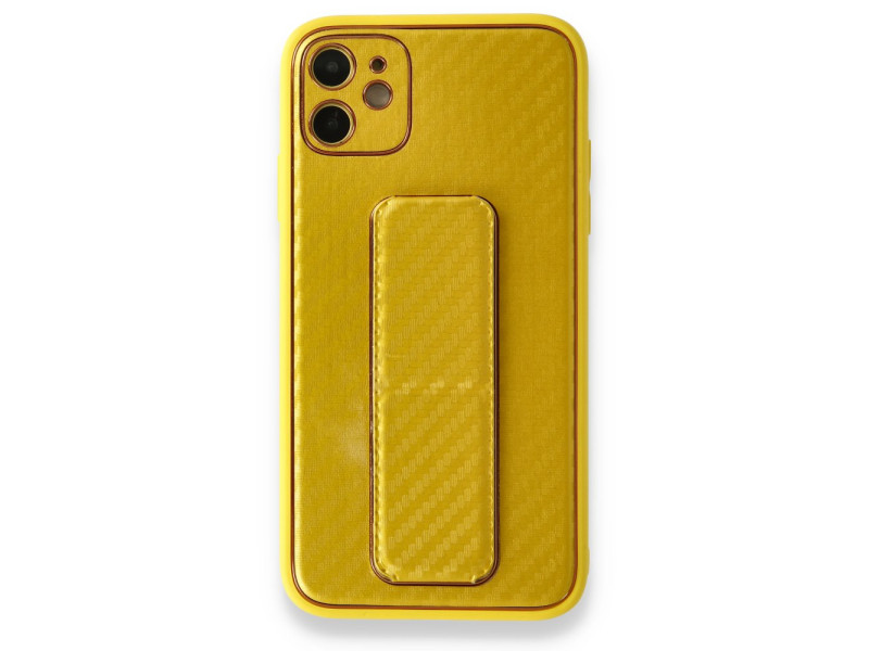 Newface iPhone 12 Kılıf Coco Karbon Standlı Kapak - Sarı
