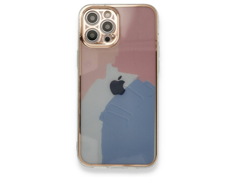 Newface iPhone 12 Pro Kılıf Çiçekli Silikon - Pembe-Mavi