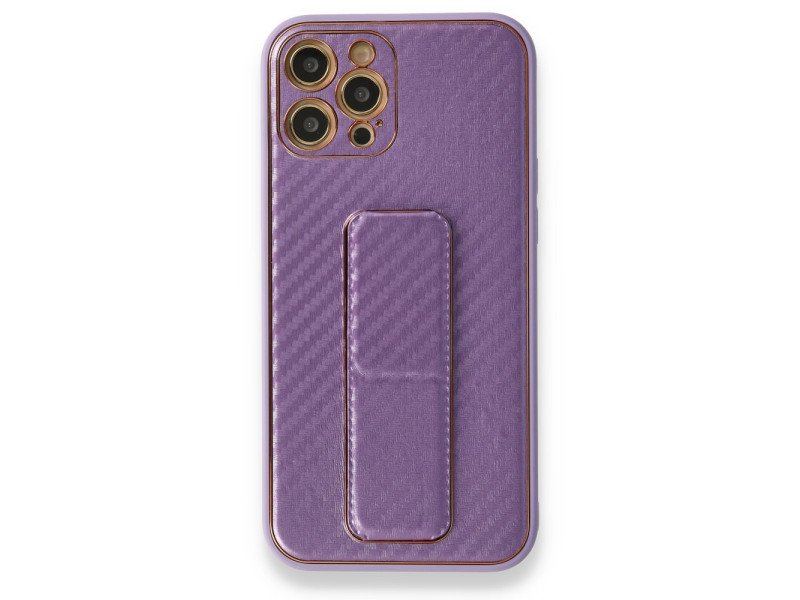 Newface iPhone 12 Pro Kılıf Coco Karbon Standlı Kapak - Mor