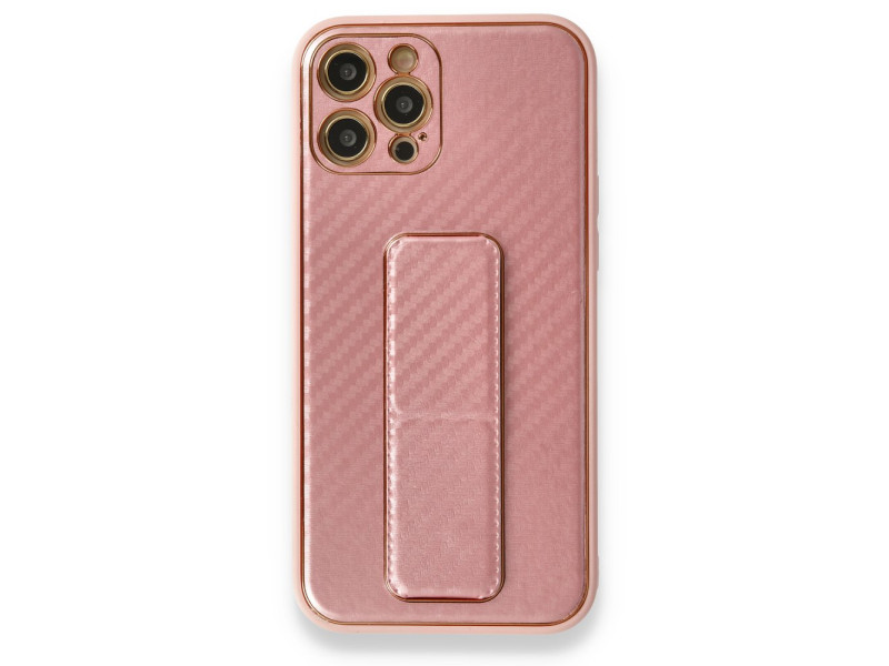 Newface iPhone 12 Pro Kılıf Coco Karbon Standlı Kapak - Pembe