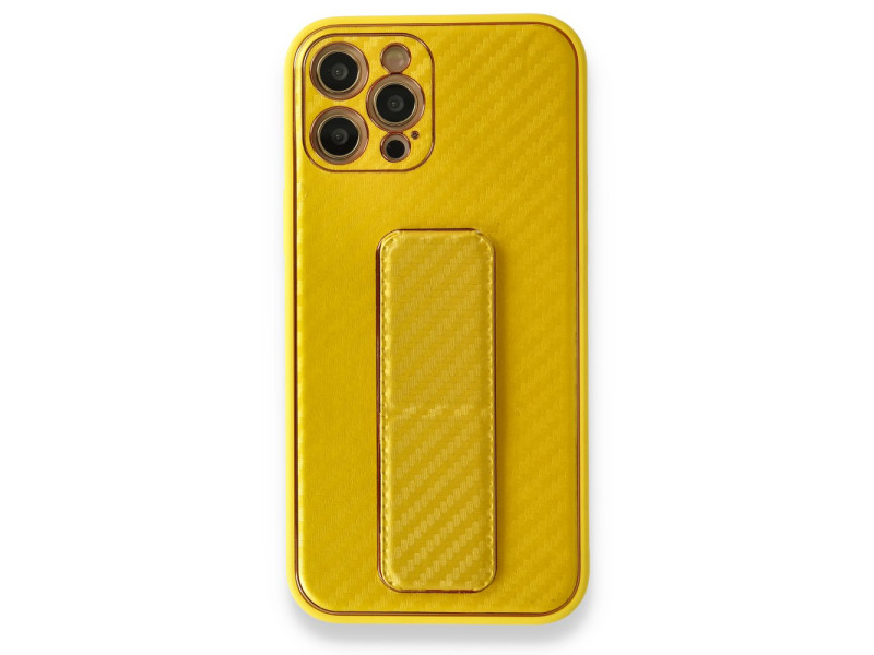 Newface iPhone 12 Pro Kılıf Coco Karbon Standlı Kapak - Sarı