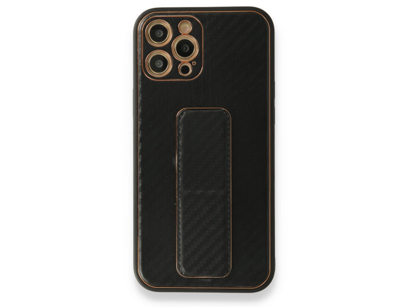 Newface iPhone 12 Pro Kılıf Coco Karbon Standlı Kapak - Siyah