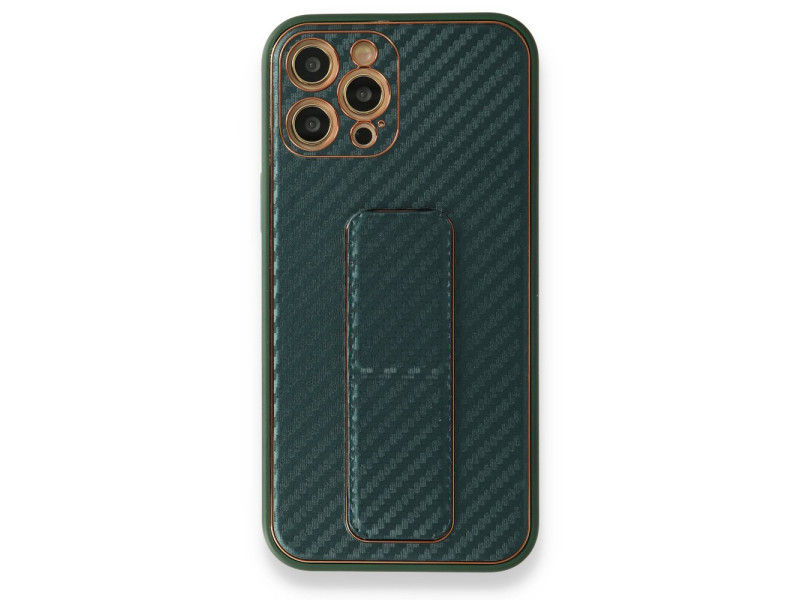Newface iPhone 12 Pro Kılıf Coco Karbon Standlı Kapak - Yeşil