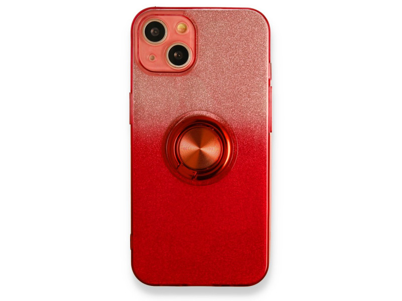 Newface iPhone 13 Kılıf Simli Yüzüklü Silikon - Kırmızı