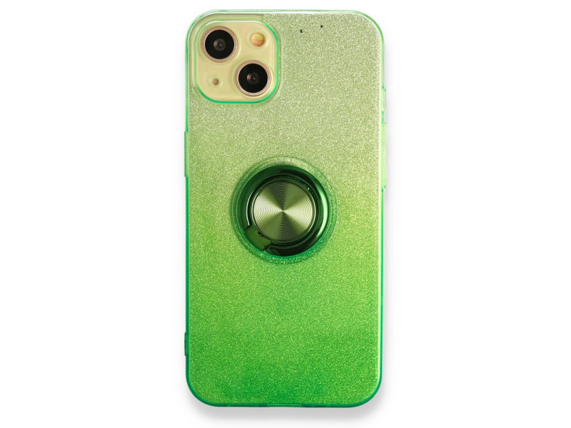 Newface iPhone 13 Kılıf Simli Yüzüklü Silikon - Yeşil