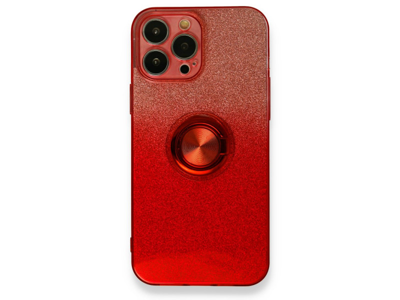 Newface iPhone 13 Pro Max Kılıf Simli Yüzüklü Silikon - Kırmızı