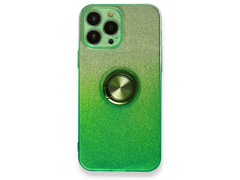 Newface iPhone 13 Pro Max Kılıf Simli Yüzüklü Silikon - Yeşil