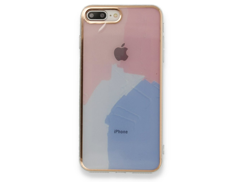 Newface iPhone 7 Plus Kılıf Çiçekli Silikon - Pembe-Mavi