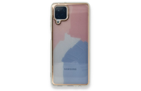 Newface Samsung Galaxy A12 Kılıf Çiçekli Silikon - Pembe-Mavi